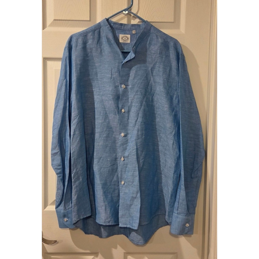 Nazareno Gabrielli I Club Men Light Blue 100% Linen Band Collar Shirt Size 45 18